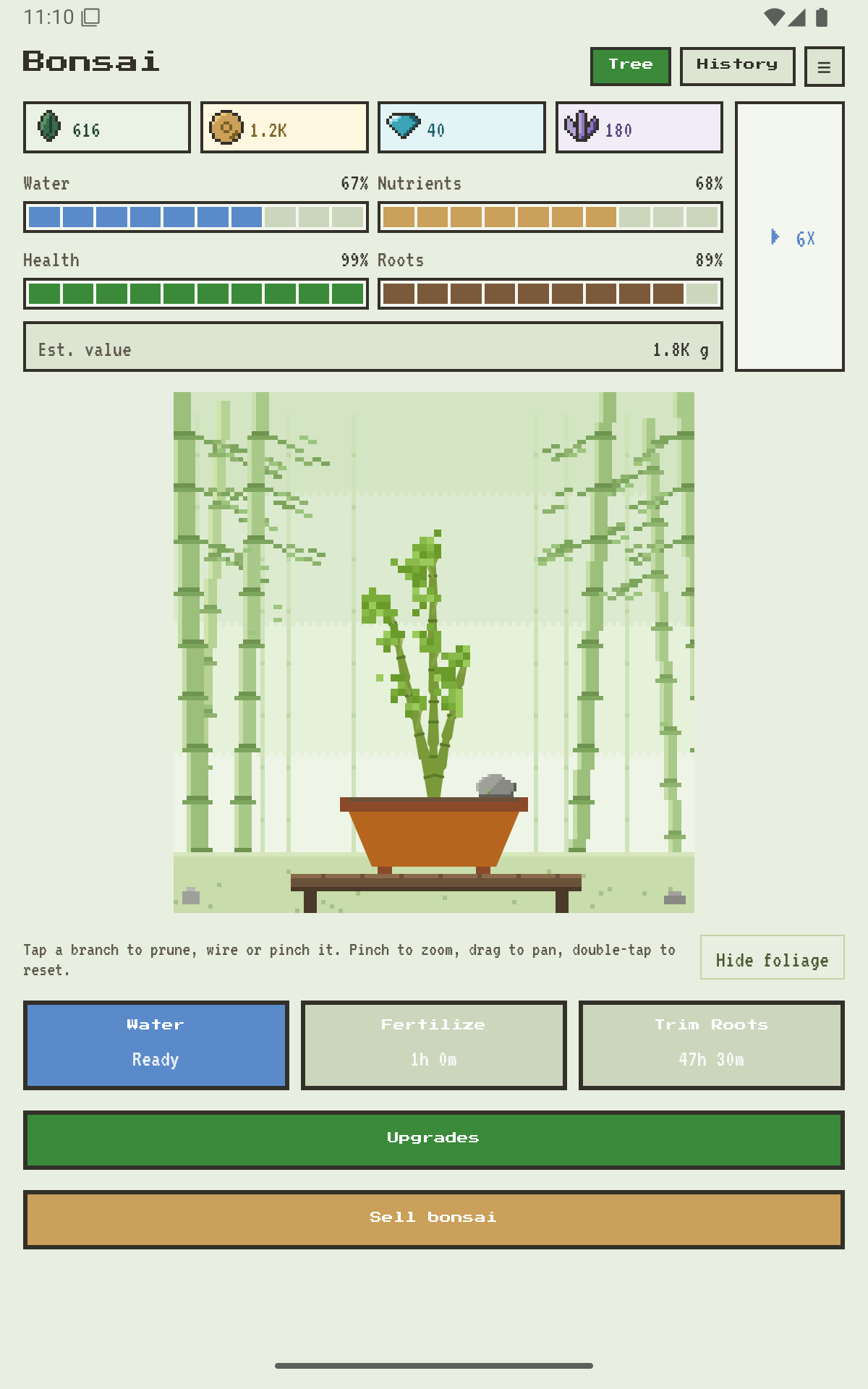 Idle Bonsai gameplay: a procedurally-grown pixel-art bonsai tree in a bamboo grove, with water, nutrient, health, and root meters.